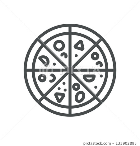 Whole Pizza Cut Into Slices Icon. Thin Line Illustration of Round Pizza Divided Into Equal Pieces, Representing Portion Control, Serving Sizes and Sharing Meal. Whole Pizza Cut Into Slices Icon. Thin Line Illustration of Round Pizza Divided Into Equal Pieces, Representing Portion Control, Serving Sizes and Sharing Meal. 133902893