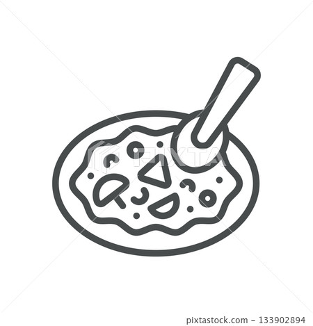 Pizza with Cutter Icon. Thin Line Illustration of Pizza on Plate with Serving Spatula, Representing Kitchen Utensil, Cutting Slice and Food Preparation. 133902894