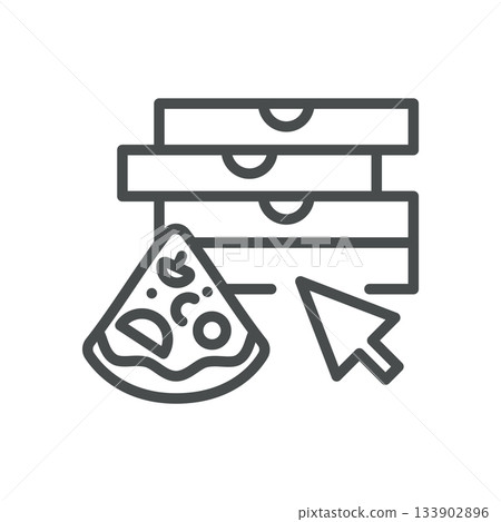 Online Pizza Order Icon. Thin Line Illustration of Stacked Pizza Boxes with Mouse Cursor and Slice, Representing Food Delivery, Digital Ordering and E-commerce Convenience. Online Pizza Order Icon. Thin Line Illustration of Stacked Pizza Boxes with Mouse Cursor and Slice, Representing Food Delivery, Digital Ordering and E-commerce Convenience. 133902896