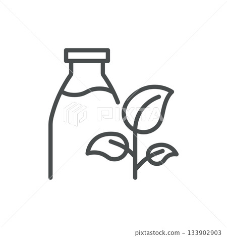 Plant Milk Icon. Thin Line Illustration of Bottle with Sprouting Leaves, Representing Generic Plant Based Beverage, Vegan Drink Alternative, and Organic Dairy Free Nutrition. Minimal Outline Vector Si 133902903