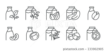 Plant Milk Icons Set. Thin Line Pictograms of Bottles and Cartons with Walnuts, Soy, Plants, Coconut. PlantBased Beverages Almond milk, Oat Milk, Plant Milk, Pistachio, Soy, Cashew, Hazelnut Drink. 133902905
