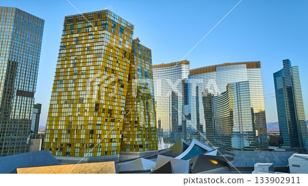 Aerial Modern Skyscrapers and Golden Towers Las Vegas Strip Nevada Aerial Modern Skyscrapers and Golden Towers Las Vegas Strip Nevada 133902911