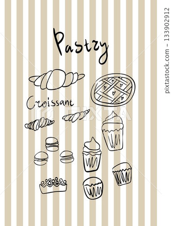 A whimsical striped poster for a bakery, kitchen or coffee shop. Pastries, croissants, sweet cakes. 133902912