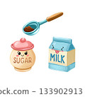 Cartoon illustrations with a sugar bowl, milk and a measuring spoon for coffee. 133902913