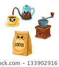 Illustration of a coffee story. Characters: coffee grinder, a packet of coffee, a teapot and a cup. Stickers for a coffee shop. 133902916