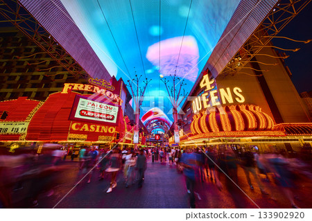Fremont Street Experience Neon Signs and Crowds at Night in Las Vegas Nevada Fremont Street Experience Neon Signs and Crowds at Night in Las Vegas Nevada 133902920