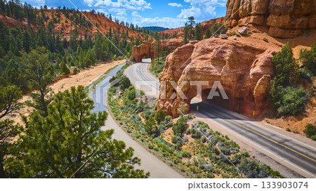 Aerial Red Canyon Tunnels Scenic Highway and Pine Forest Utah Aerial Red Canyon Tunnels Scenic Highway and Pine Forest Utah 133903074