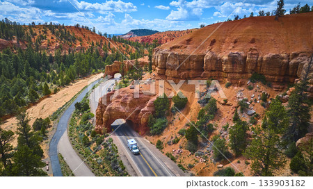 Aerial Red Canyon Tunnels Scenic Highway and Pine Trees Utah Aerial Red Canyon Tunnels Scenic Highway and Pine Trees Utah 133903182