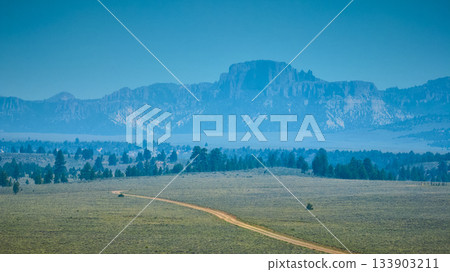 Dirt Road Grassy Plain and Mesa Under Blue Sky Utah Landscape Dirt Road Grassy Plain and Mesa Under Blue Sky Utah Landscape 133903211