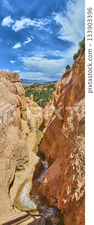 Bryce Canyon Red Rock Cliffs Creek and Dramatic Sky Vertical Panorama 133903396