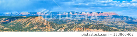 Aerial Panoramic Bryce Canyon National Park Red Rock Formations and Pine Forest Aerial Panoramic Bryce Canyon National Park Red Rock Formations and Pine Forest 133903402