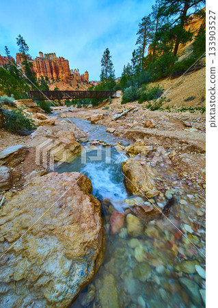 Mossy Cave Trail Creek Bridge and Hoodoo Formations in Bryce Canyon National Park Mossy Cave Trail Creek Bridge and Hoodoo Formations in Bryce Canyon National Park 133903527