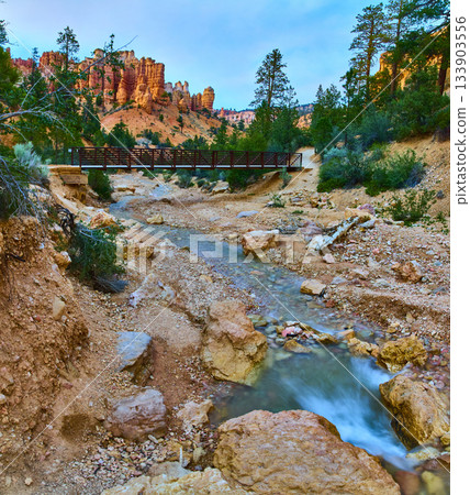Bryce Canyon Hoodoos Mossy Cave Trail Stream and Bridge at Sunset 133903556