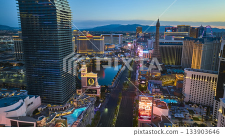 Aerial Las Vegas Strip Downtown Skyline and Casinos at Golden Hour 133903646