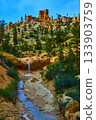 Bryce Canyon Waterfall and Hoodoos on Mossy Cave Trail with Stream and Pines 133903759