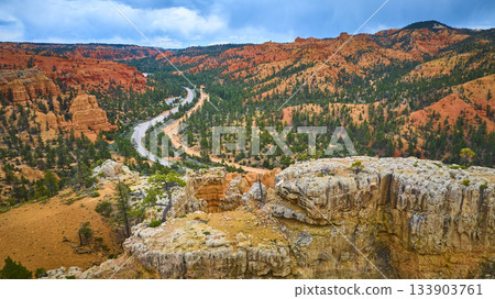 Aerial Red Canyon Scenic Road and Lone Tree in Utah Mountain Landscape 133903761