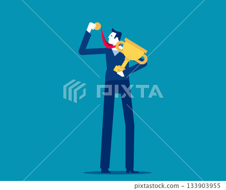 Achivement. Successful businessman with prize Achivement. Successful businessman with prize 133903955