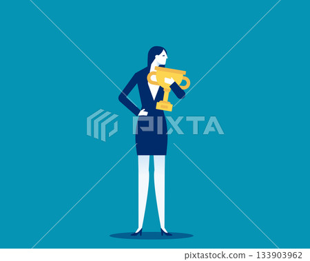 Competition. Success businesswoman holding golden cup 133903962