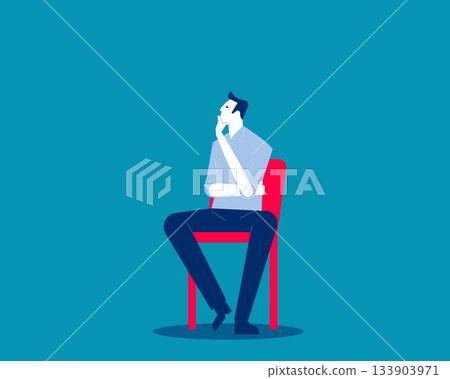Thinking. Man sitting on chair looks pensive and reflective Thinking. Man sitting on chair looks pensive and reflective 133903971