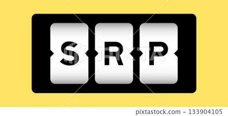 Black color in word SRP (Abbreviation of suggested retail price) on slot banner with yellow color background 133904105