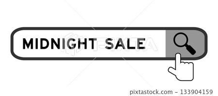 Search banner in word midnight sale with hand over magnifier icon on white background Search banner in word midnight sale with hand over magnifier icon on white background 133904159