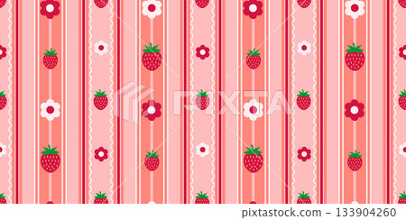 Peach color striped cottagecore style seamless pattern with cute red strawberries, and small daisy flowers. Vector illustration for backgrounds textiles, wrapping paper pastel color decorative design Peach color striped cottagecore style seamless pattern with cute red strawberries, and small daisy flowers. Vector illustration for backgrounds textiles, wrapping paper pastel color decorative design 133904260