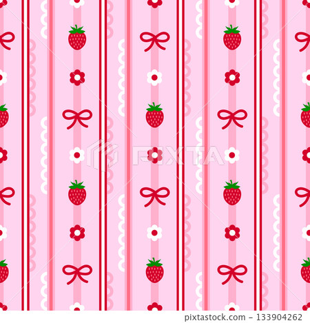 Pink striped seamless pattern with cute strawberries, bows, ribbons and small daisy flowers. Vector illustration for backgrounds, textiles, wrapping paper whimsical decorative design 133904262