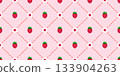 Red strawberry, white daisy flower seamless pattern. Lattice grid, curly ribbon, dots and pink pastel color background. Decorative design for girly fabrics, wallpaper gift wrap. Vector illustration 133904263