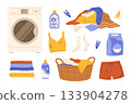 Laundry elements set. Washing machine, laundry basket and detergents. Pile of dirty clothes and stack of clean clothes. Flat vector isolated illustration 133904278