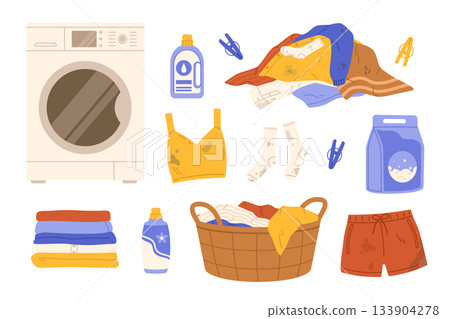 Laundry elements set. Washing machine, laundry basket and detergents. Pile of dirty clothes and stack of clean clothes. Flat vector isolated illustration Laundry elements set. Washing machine, laundry basket and detergents. Pile of dirty clothes and stack of clean clothes. Flat vector isolated illustration 133904278