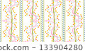 Cute striped floral seamless border pattern with hand drawn small yellow flowers, leaves and pink ribbons . Vector illustration 133904280