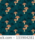 Whimsical enchanted mushroom dark forest seamless pattern with decorative leaves textured background. Vector illustration with botanical motif cozy decorative fabric or wallpaper design 133904281