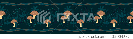 Mushroom seamless border pattern design with ribbons and botanical elements for cozy forest themed. Vector illustration a dark teal blue, brown color textured background 133904282