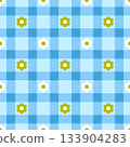 Blue gingham background with small white, green daisy flowers seamless pattern design. Vector illustration sweet, retro picnic style 133904283