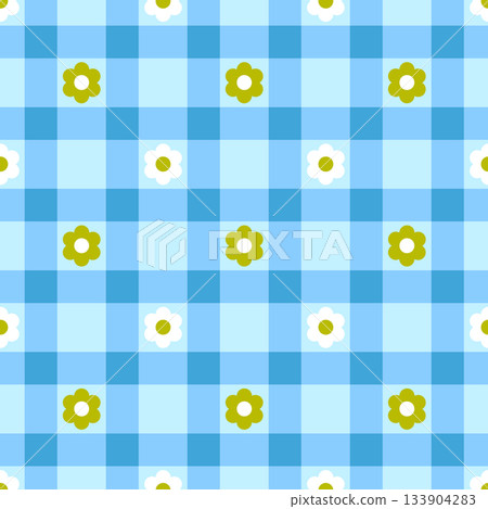 Blue gingham background with small white, green daisy flowers seamless pattern design. Vector illustration sweet, retro picnic style 133904283