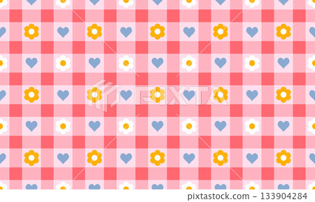 Pink gingham background with small white daisy flower and tiny hearts seamless pattern design. Vector illustration sweet, retro picnic style 133904284