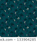 Whimsical enchanted small pale mushroom dark teal blue foliage, forest seamless pattern with decorative tiny flowers textured background. Vector illustration with botanical motif cozy home decor 133904285
