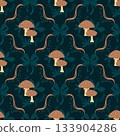 Seamless pattern of mushrooms, ribbons and coquette bows a dark teal blue, brown color textured background. Vector illustration wallpaper design with botanical elements for cozy forest themed 133904286