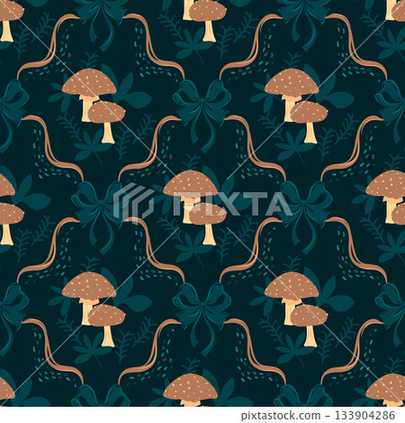 Seamless pattern of mushrooms, ribbons and coquette bows a dark teal blue, brown color textured background. Vector illustration wallpaper design with botanical elements for cozy forest themed 133904286