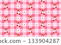 Pink gingham background and cherries tied bows, with small white daisy flower seamless pattern design. Vector illustration sweet, retro picnic style 133904287