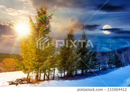 row of spruce trees on top of snow covered hill in winter. day and night time change concept. beautiful scenery in mountains with sun and moon. holiday background. duality and transition template 133904412
