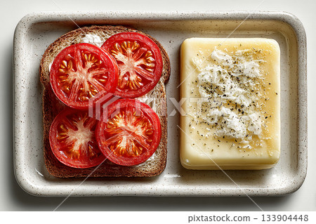 Breakfast tray. Spanish desayuno. Churros, pan con tomate and manchego cheese in plate. Menu design. Top view. 133904448