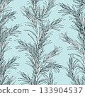 Seamless pattern with pine branches, classic floral. Graphic line art illustration hand-drawn with pen and ink in monochrome. Christmas, winter, New Year s print on a blue background. 133904537