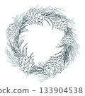 A classic, traditional round wreath of pine branches and cones. Hand-drawn monochrome line art graphic illustration with pen and ink. A Christmas, winter, or New Year s frame with a text template. 133904538