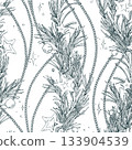 A seamless pattern of pine branches with stars and beaded floral garlands. This graphic line art illustration is hand-drawn with pen and ink in monochrome. Christmas, winter, and New Year s print. 133904539
