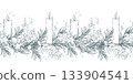 Seamless border pattern of pine branches with snowberries and candles. Floral garland. Graphic line art illustration hand-drawn with pen and ink in monochrome. Christmas, winter, New Year s decor. 133904541