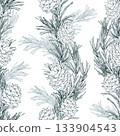 A seamless pattern of pine branches and cones, fluffy classic floral garlands. A hand-drawn monochrome line art graphic illustration with pen and ink. Christmas, winter, and New Year s print. 133904543