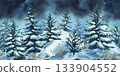 Winter forest watercolor illustration with snow covered fir trees. Christmas holiday season nature panorama for greeting card design template. Hand drawn seamless border pattern 133904552