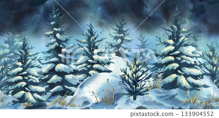 Winter forest watercolor illustration with snow covered fir trees. Christmas holiday season nature panorama for greeting card design template. Hand drawn seamless border pattern Winter forest watercolor illustration with snow covered fir trees. Christmas holiday season nature panorama for greeting card design template. Hand drawn seamless border pattern 133904552