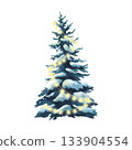 Evergreen Christmas tree with snow and yellow lights. Winter holiday hand drawn watercolor illustration for greeting card and seasonal design concept. 133904554